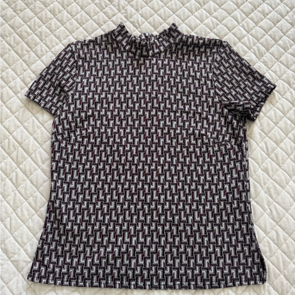 Burgundy, Black, & White Geometric Short-Sleeve Mock Neck Top
